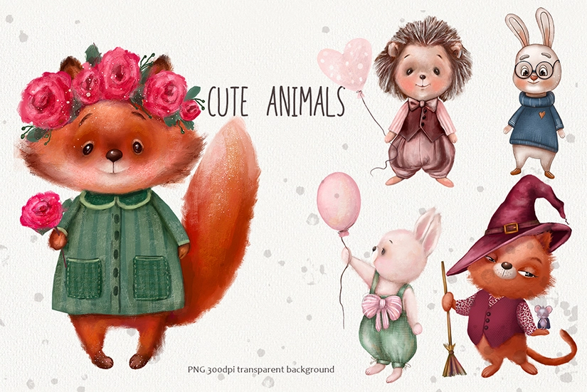 Милые животные — акварельный клипарт PNG - скриншот 3