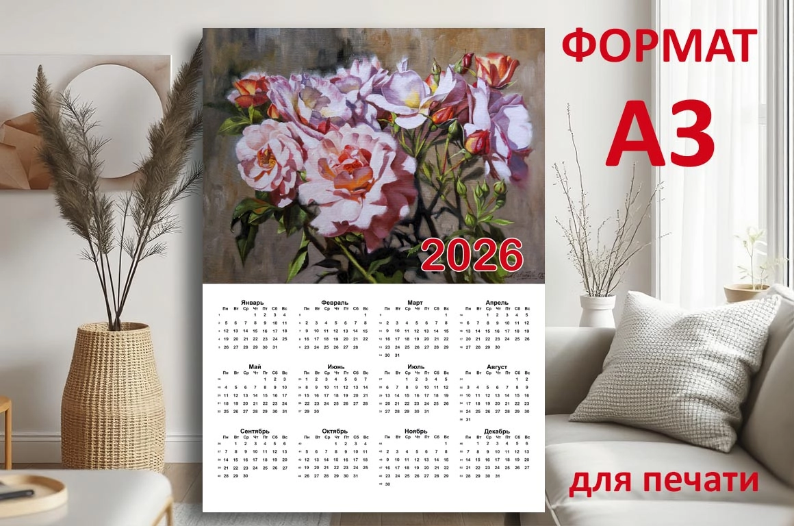 Календарь А3 для печати с авторской картиной "Розы в Павловске" - превью главного изображения