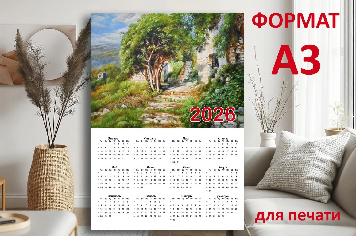 Календарь А3 для печати с авторской картиной "Романтический южный пейзаж" - превью главного изображения