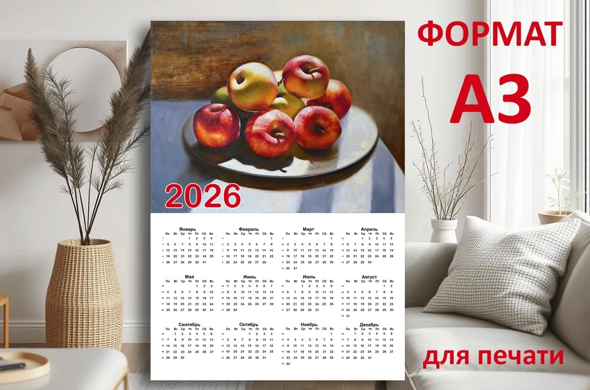 Календарь А3 для печати с авторской картиной "Яблоки освещённые солнцем" - превью главного изображения