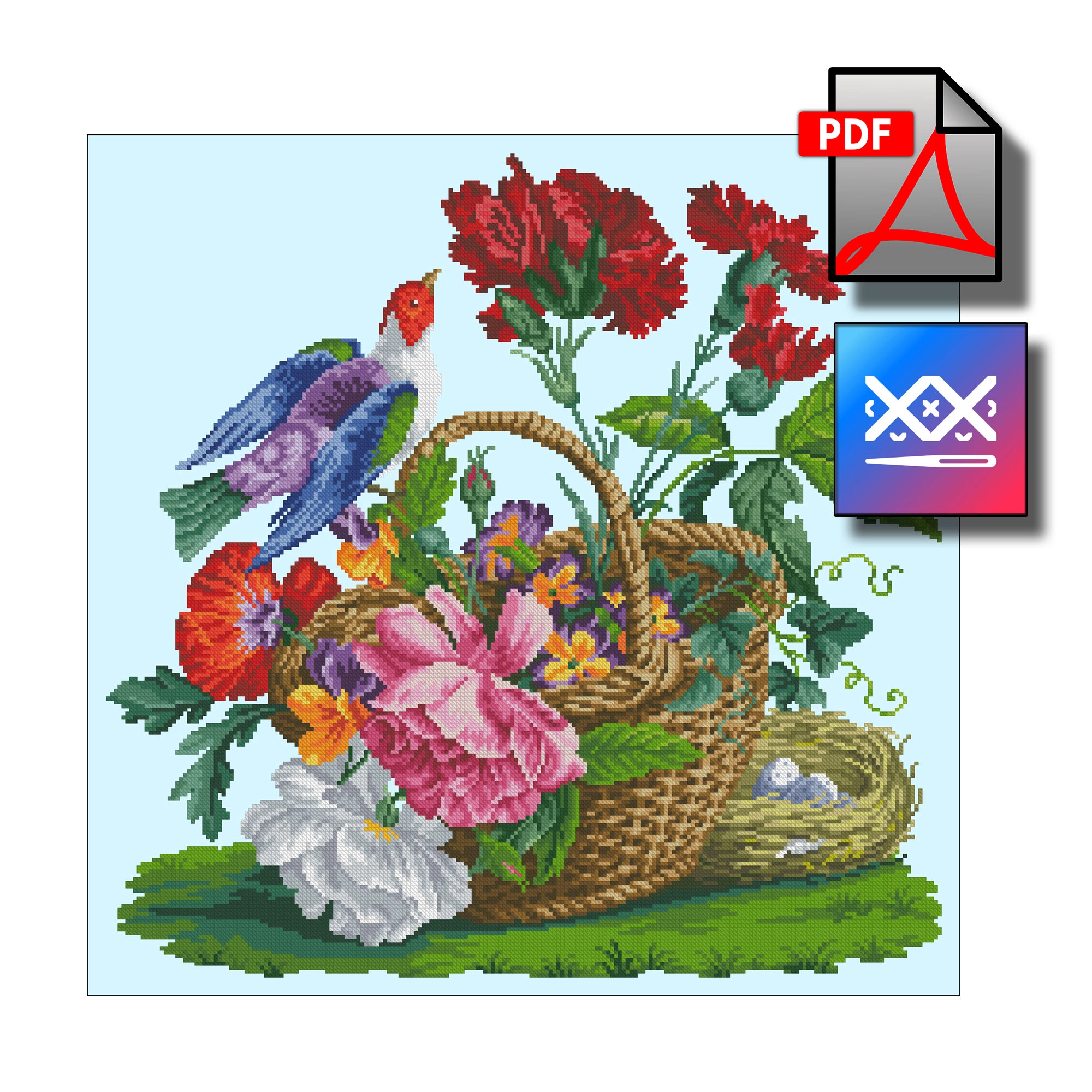 "Птичка на корзинке" восстановленная старинная схема вышивки - превью главного изображения