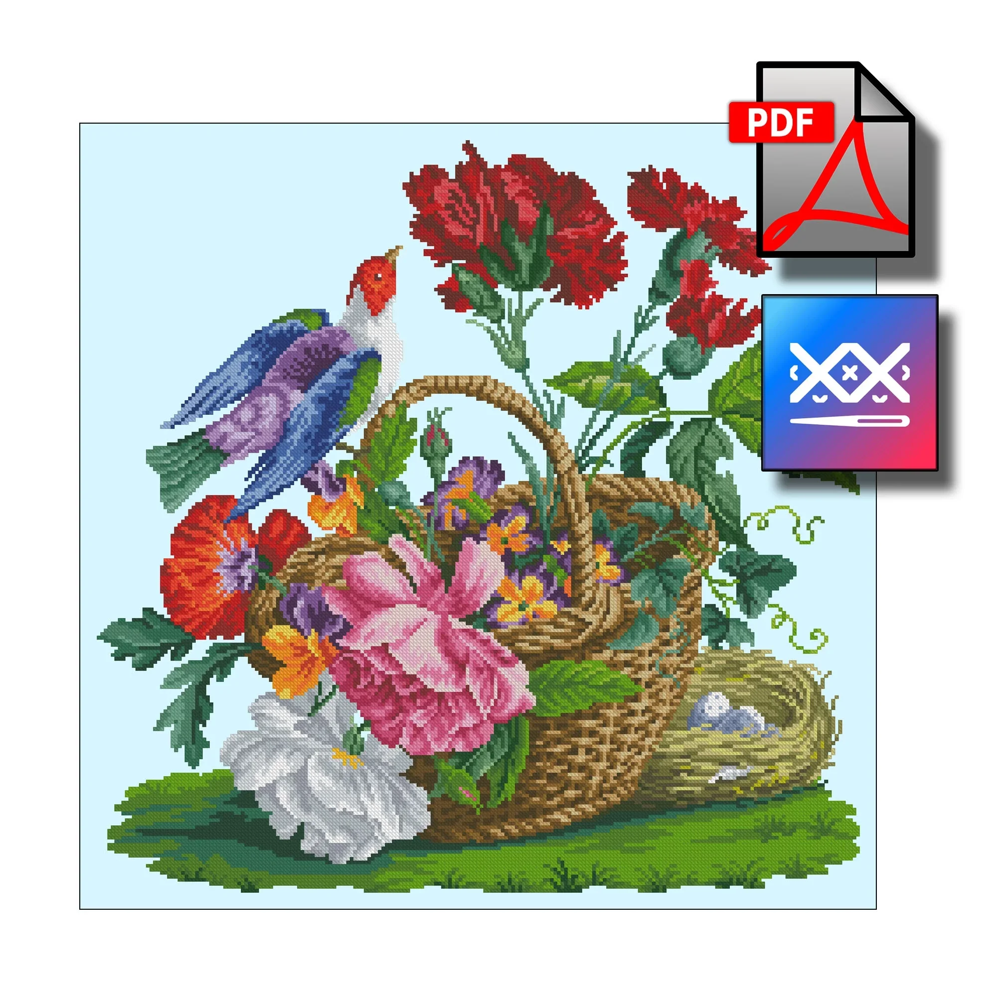 "Птичка на корзинке" восстановленная старинная схема вышивки - превью главного изображения