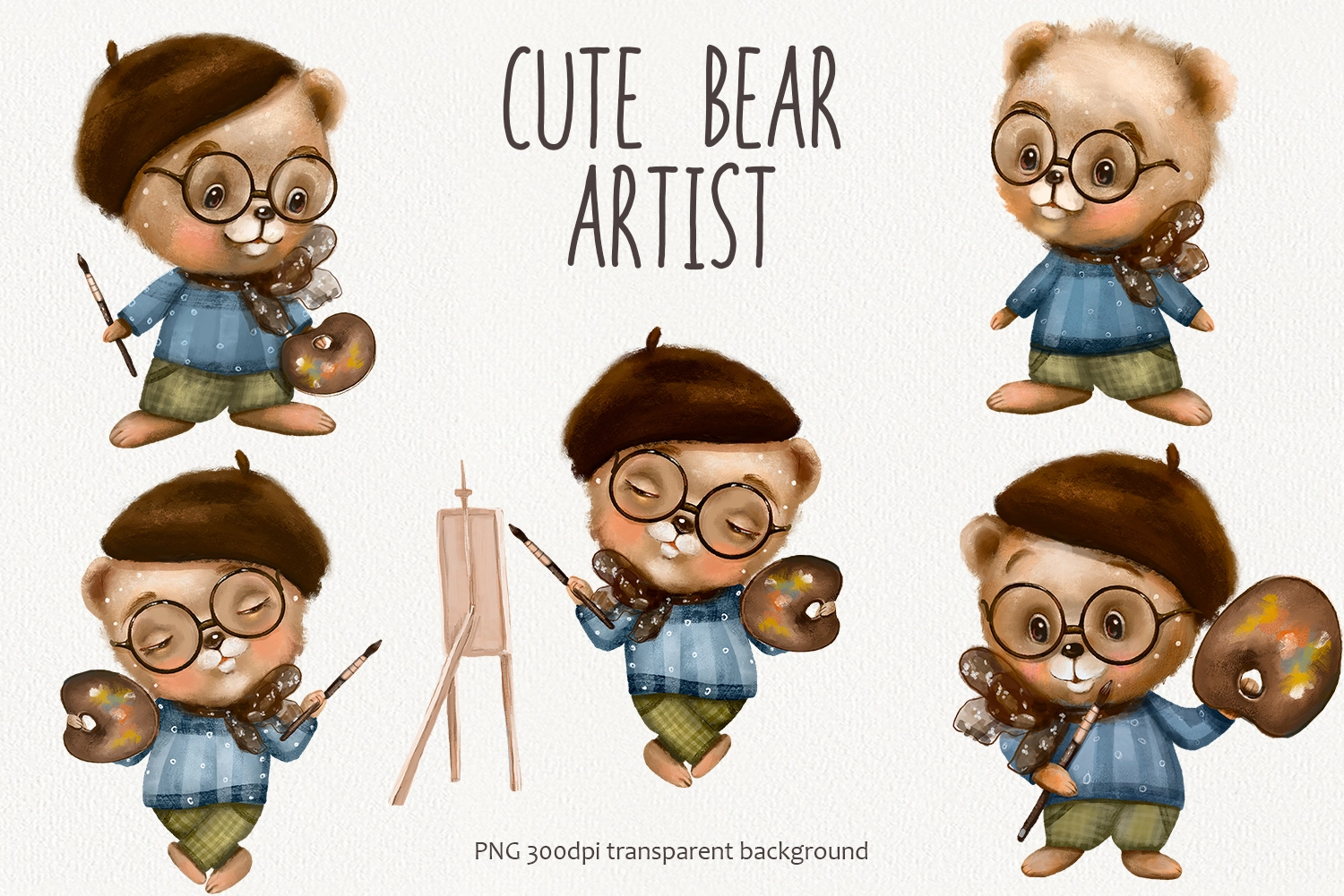 Мишка художник — акварельный клипарт PNG - превью главного изображения