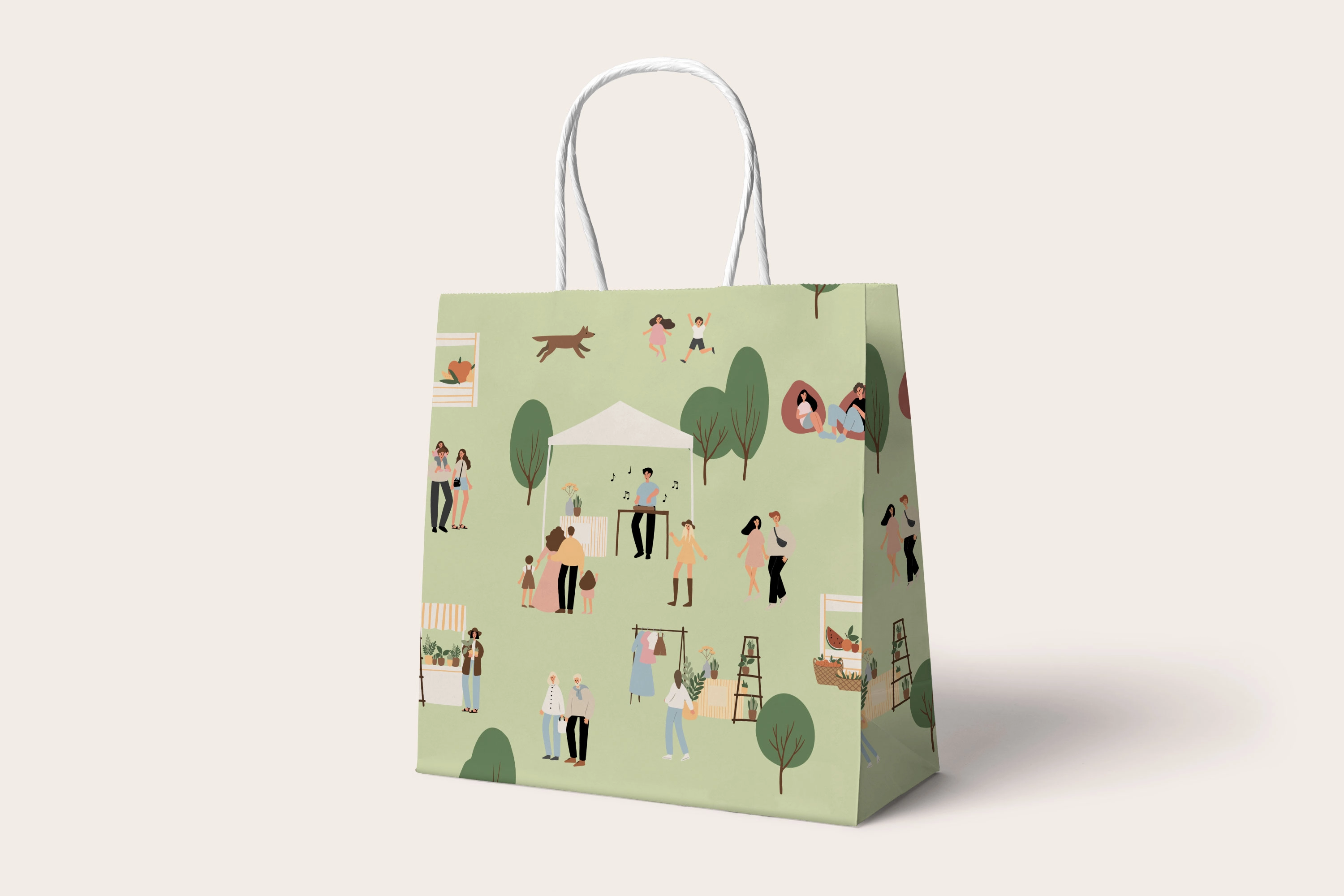 Набор бесшовных паттернов с летней ярмаркой, мотивы с людьми, прилавками и деталями парка - скриншот 4