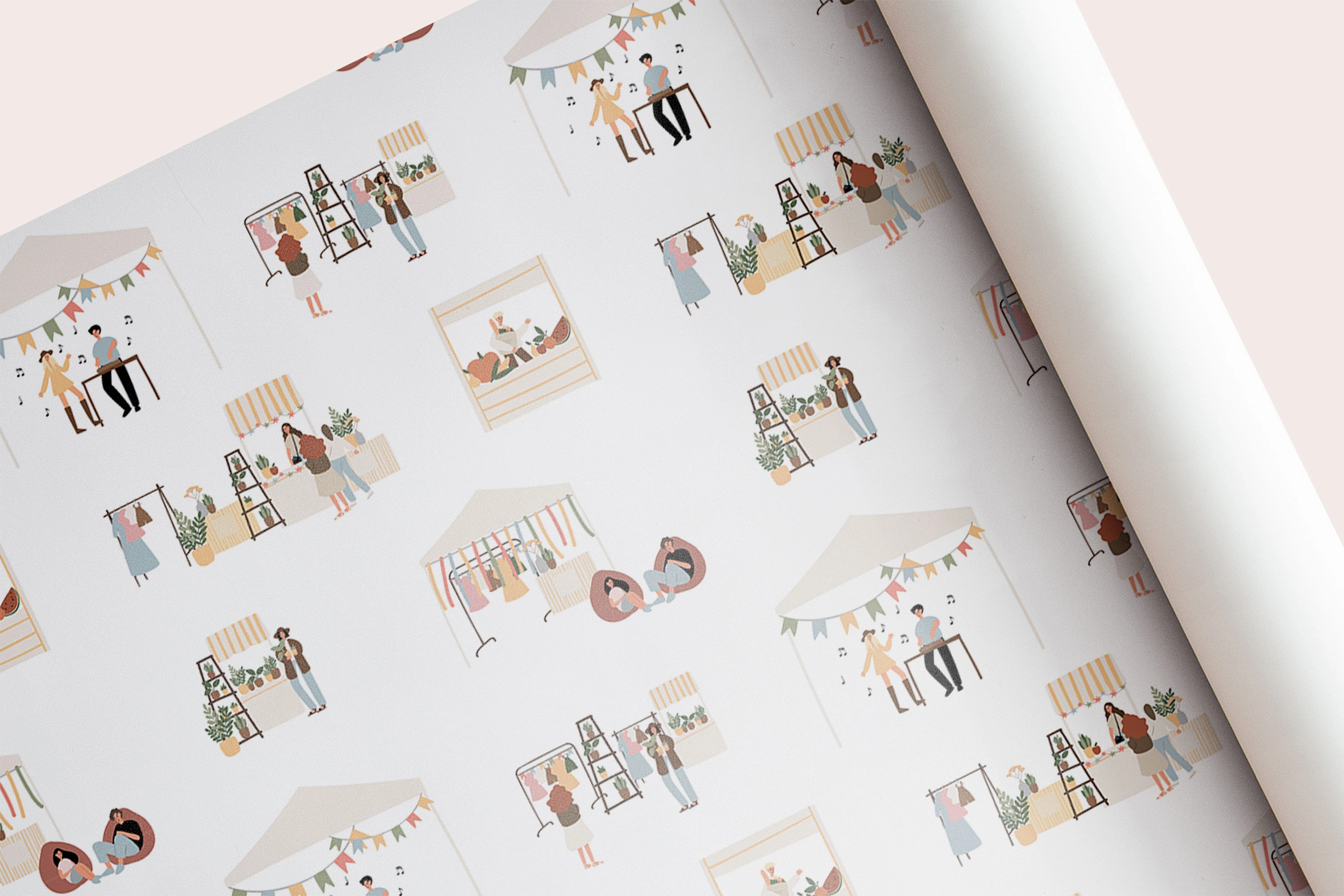 Набор бесшовных паттернов с летней ярмаркой, мотивы с людьми, прилавками и деталями парка - скриншот 7