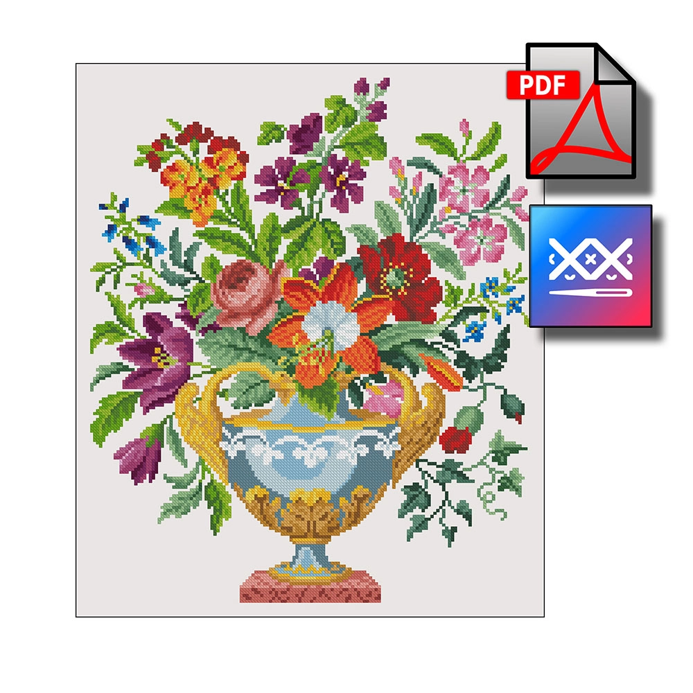 "Букет в стеклянной вазе" восстановленная старинная схема вышивки - превью главного изображения