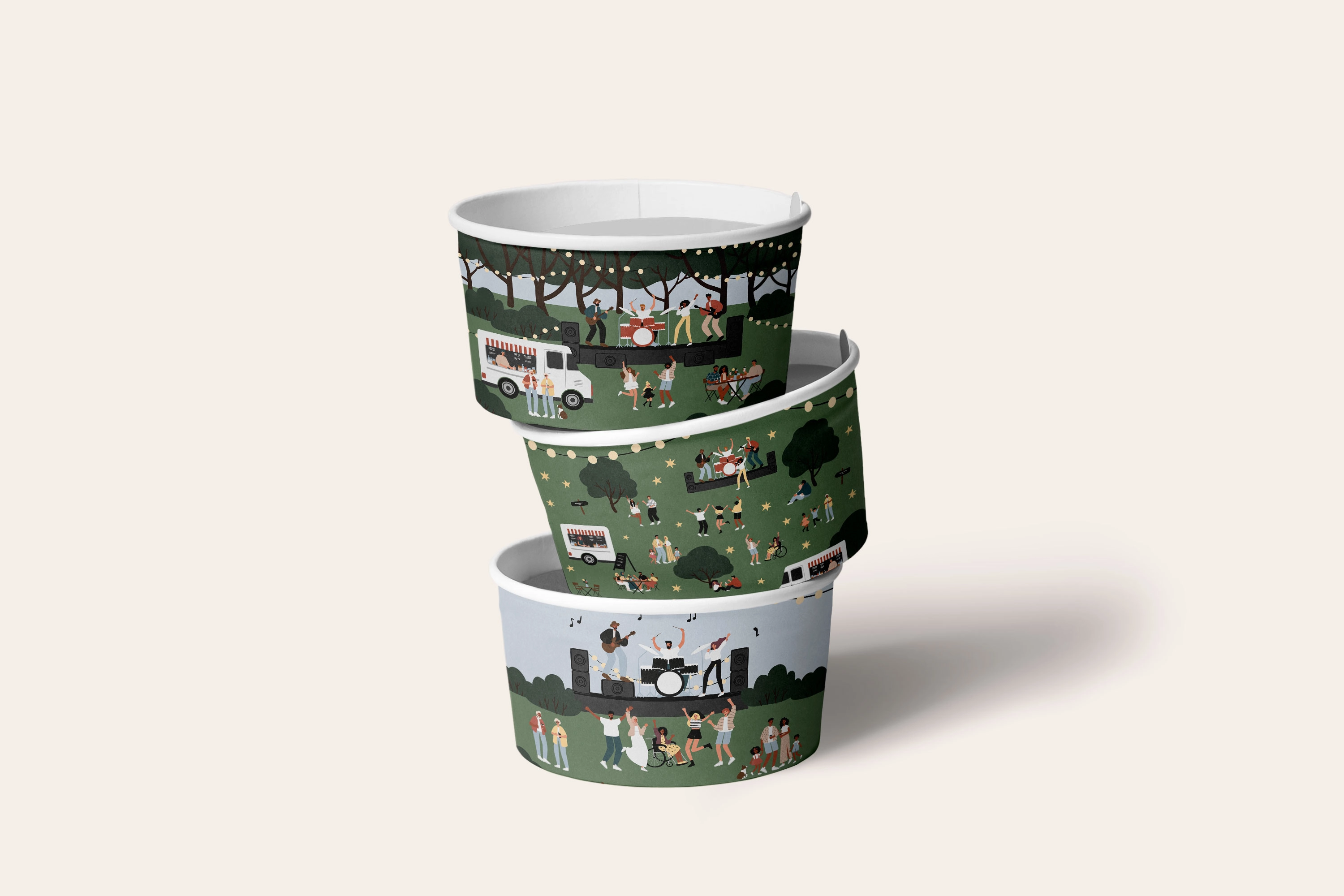 Набор готовых иллюстраций с музыкальным фестивалем, сцены с музыкантами на сцене, танцующей толпой и отдыхом у фудтраков - скриншот 5