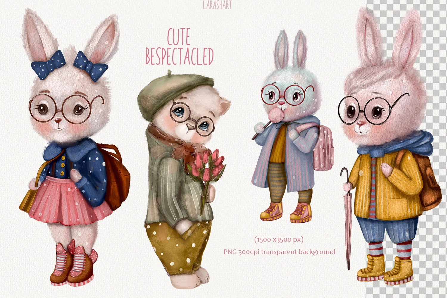 Милые очкарики — акварельные зайчики PNG клипарт - скриншот 2