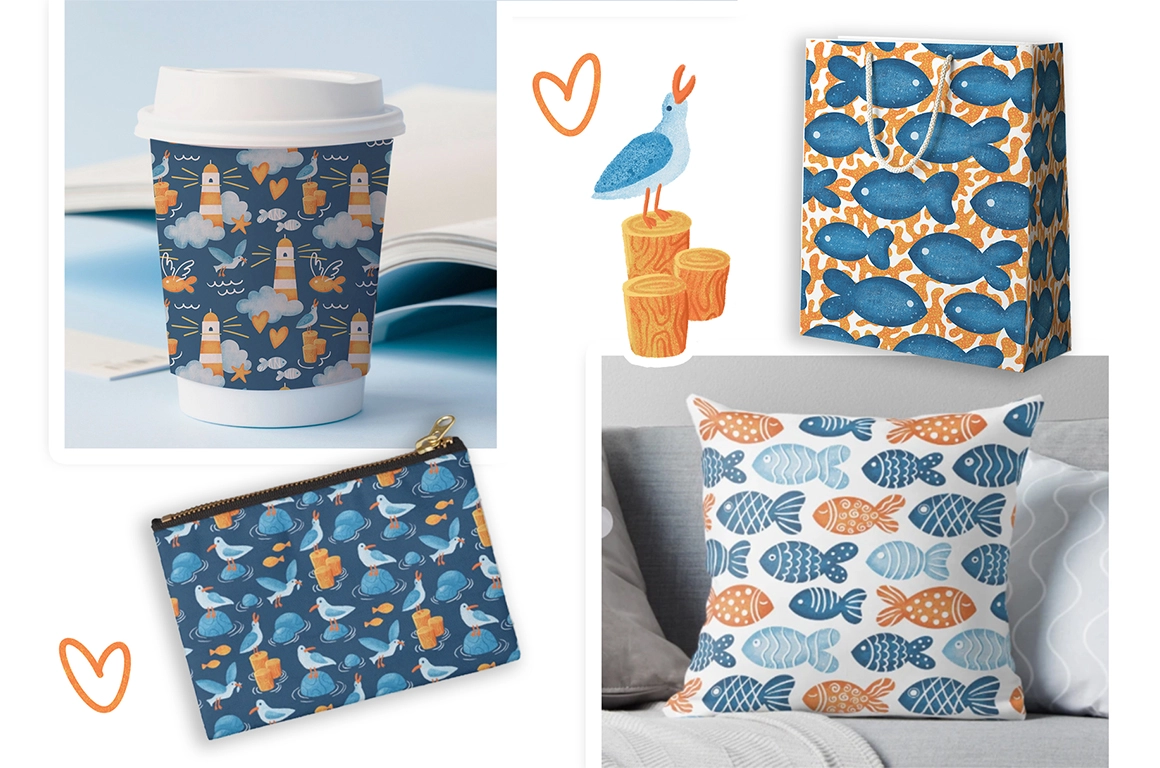 Дыхание моря. Набор бесшовных паттернов и иллюстраций - скриншот 3