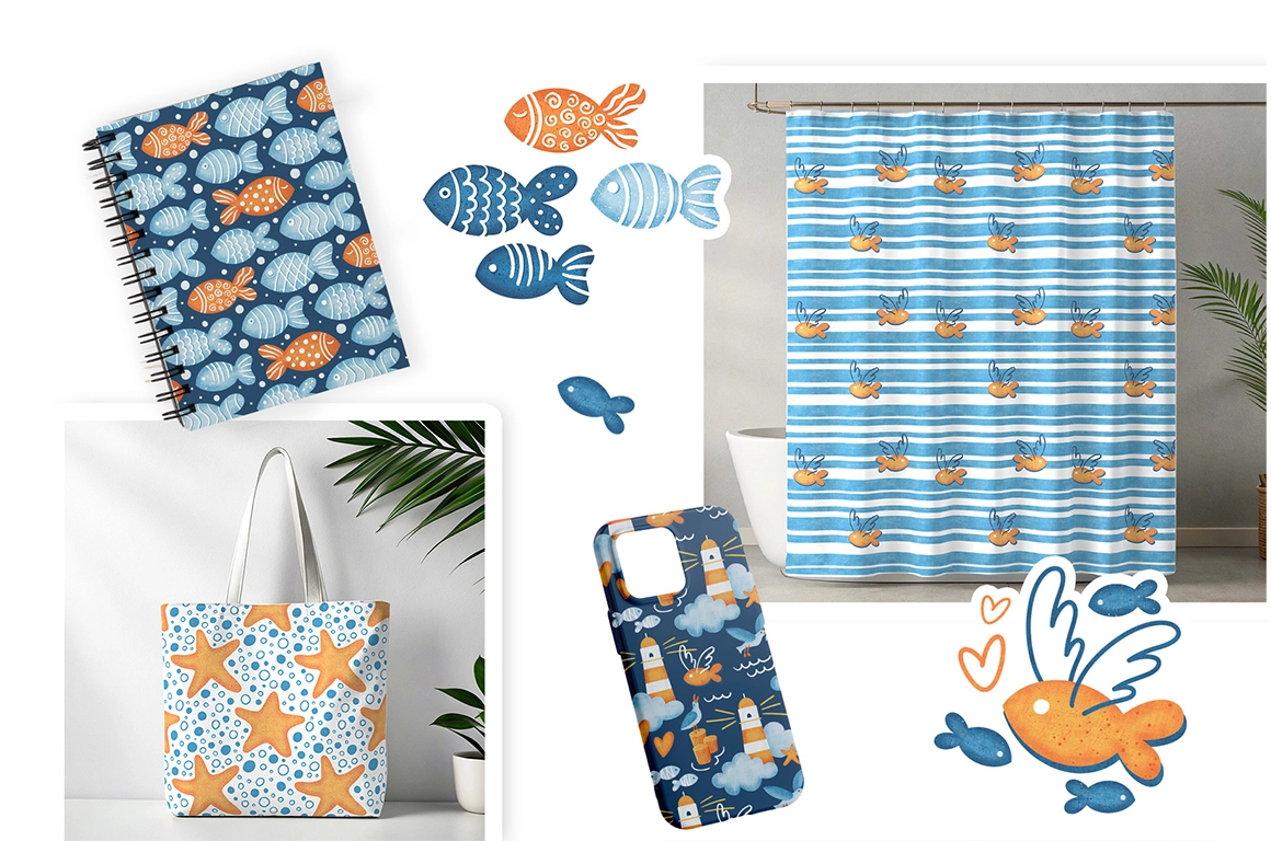 Дыхание моря. Набор бесшовных паттернов и иллюстраций - скриншот 4