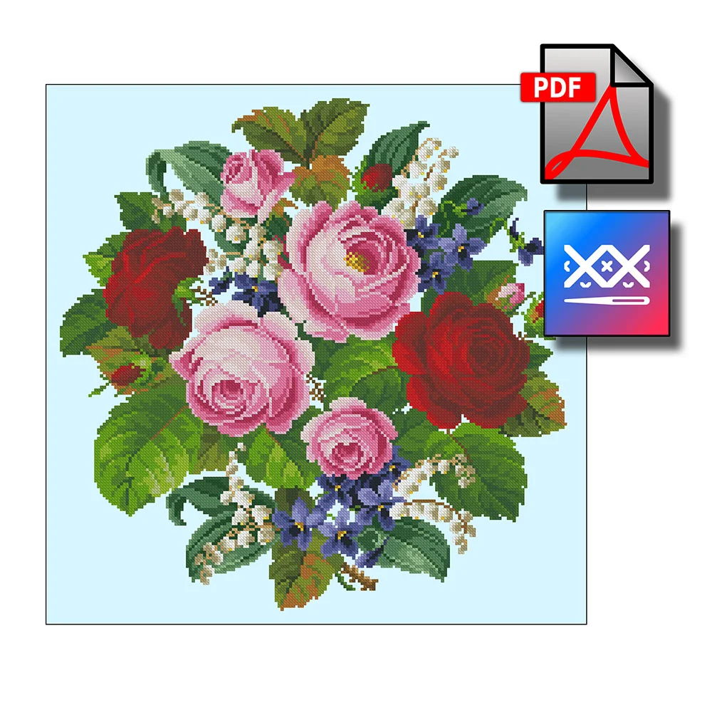 Весенний букет восстановленная старинная схема вышивки - превью главного изображения