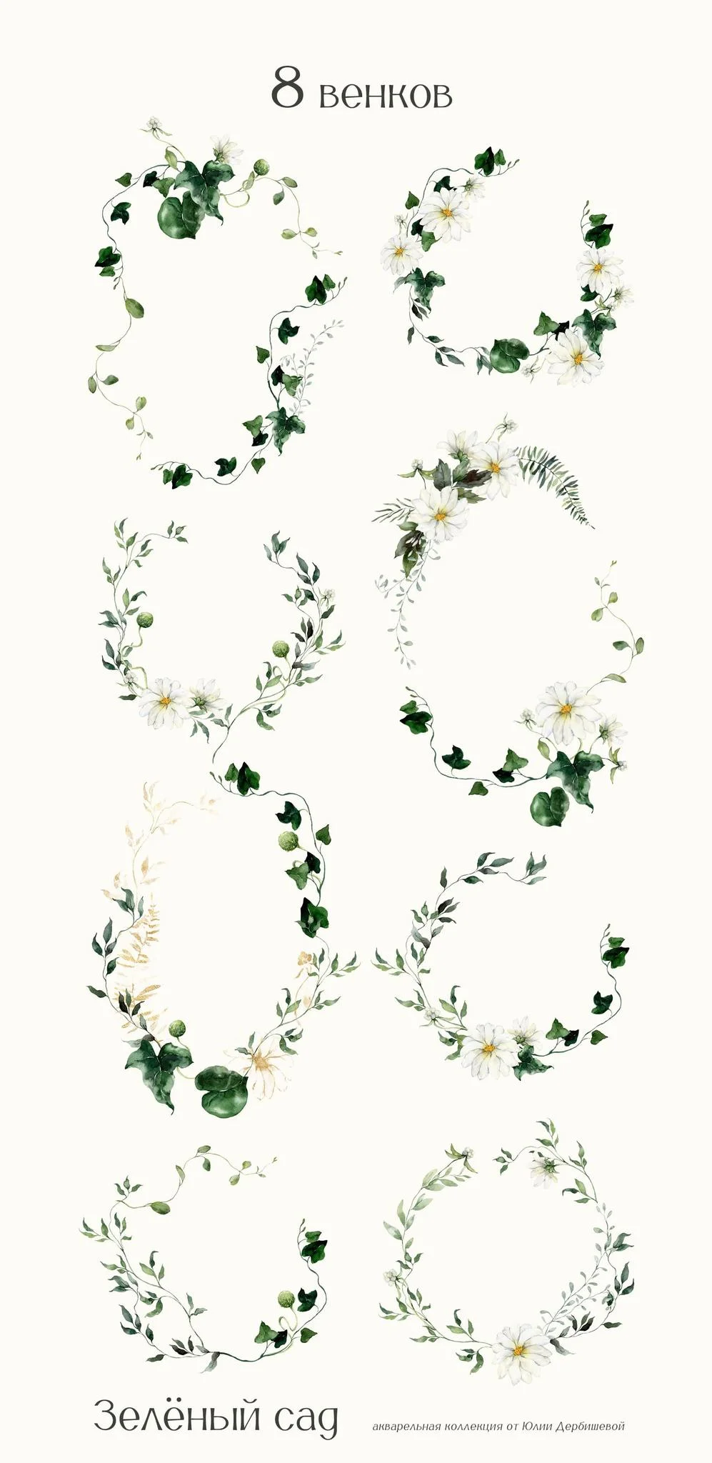 Зеленый сад. Акварельные иллюстрации, листья, веточки и белые цветы - скриншот 8