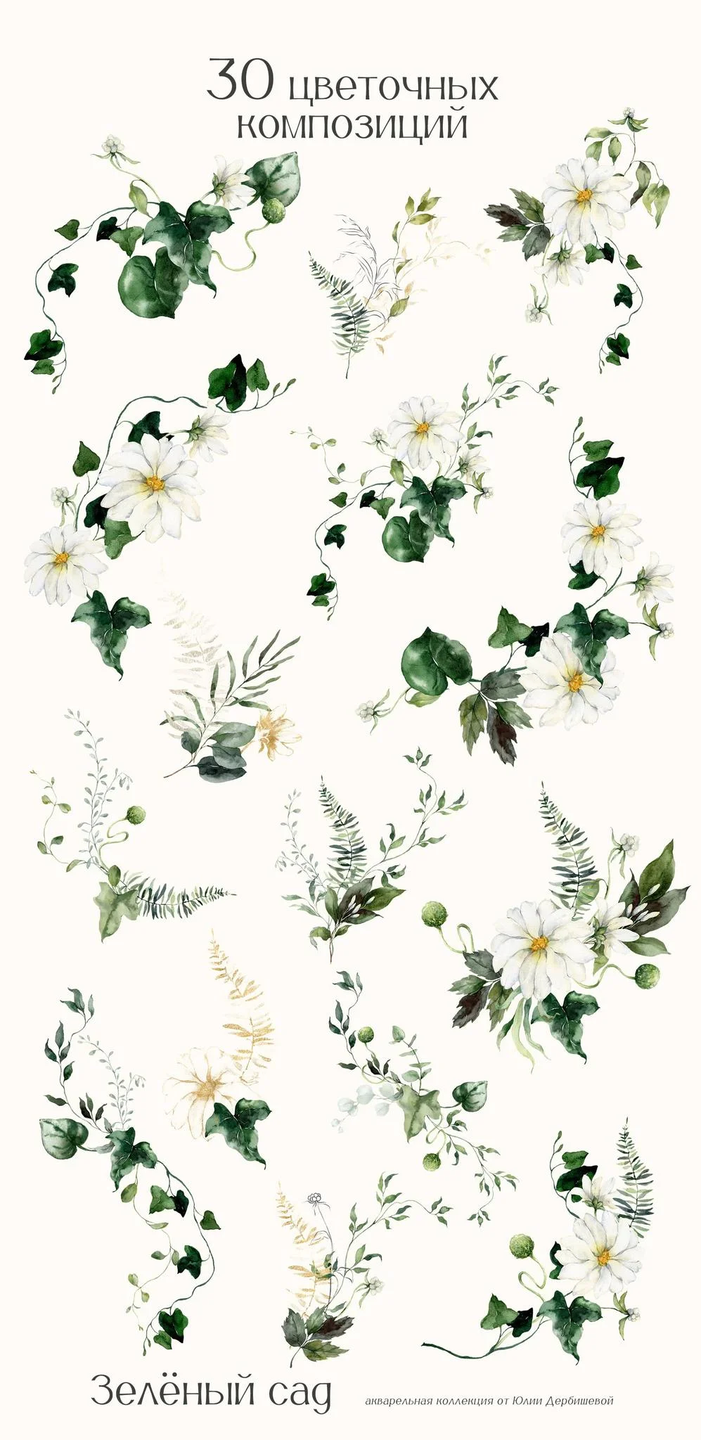 Зеленый сад. Акварельные иллюстрации, листья, веточки и белые цветы - скриншот 10