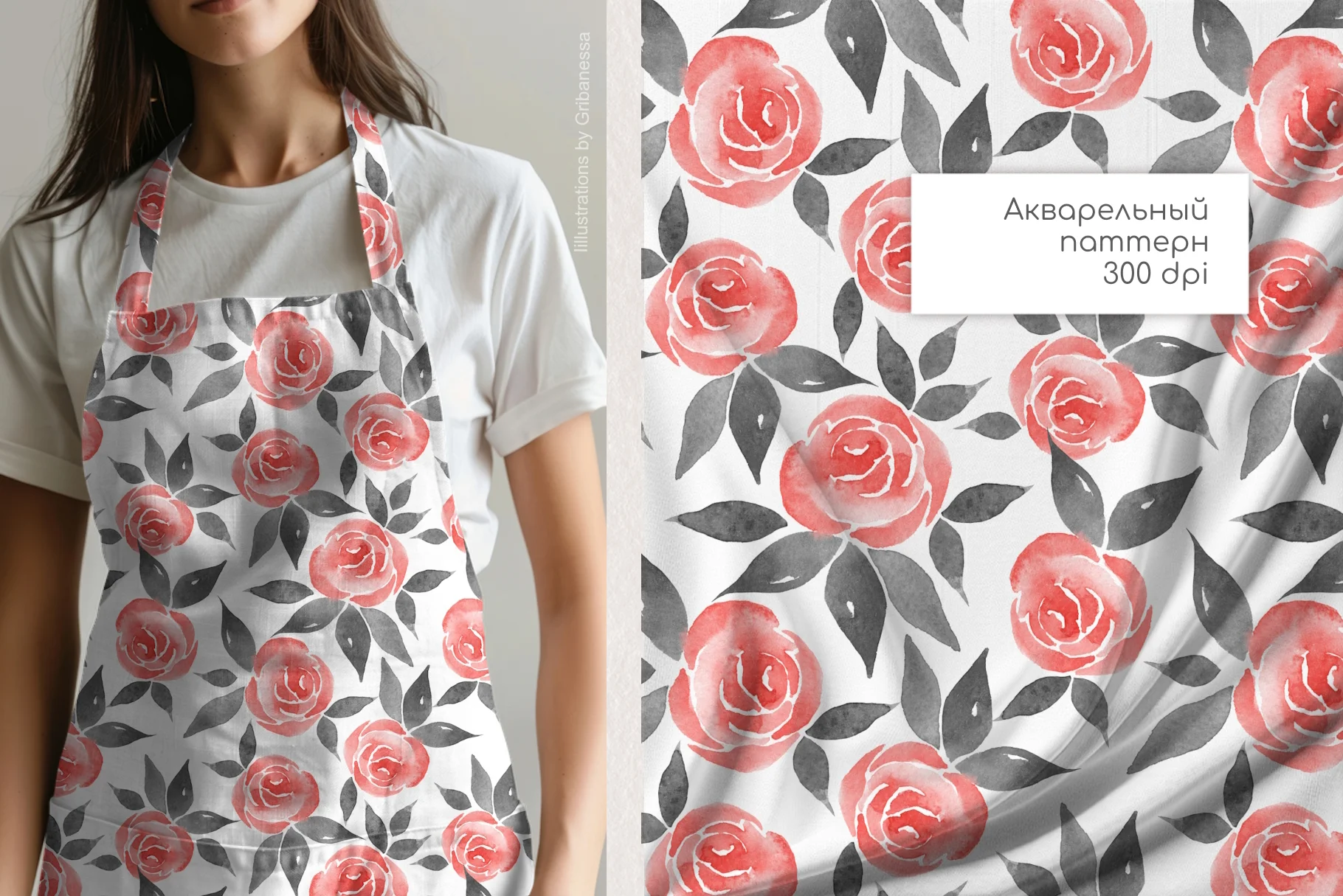 Акварельный паттерн Красные розы - превью главного изображения