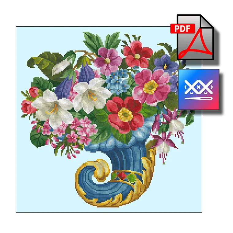 Рог изобилия с цветами восстановленная старинная схема вышивки - превью главного изображения