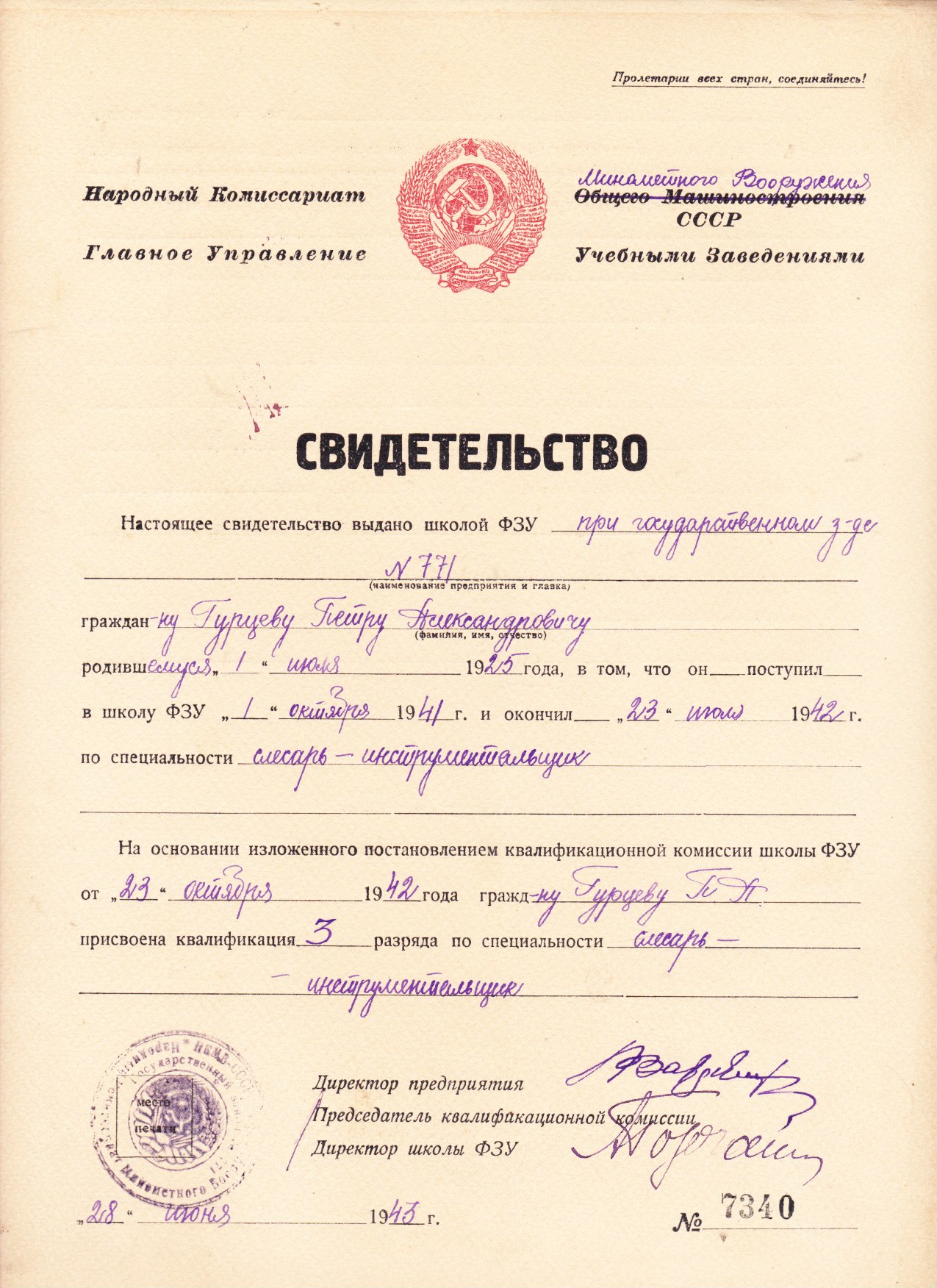 Свидетельство об окончании ФЗУ