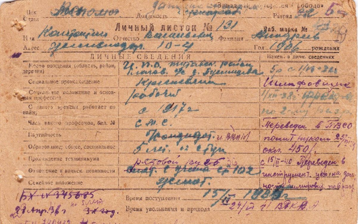Личный листок 1936