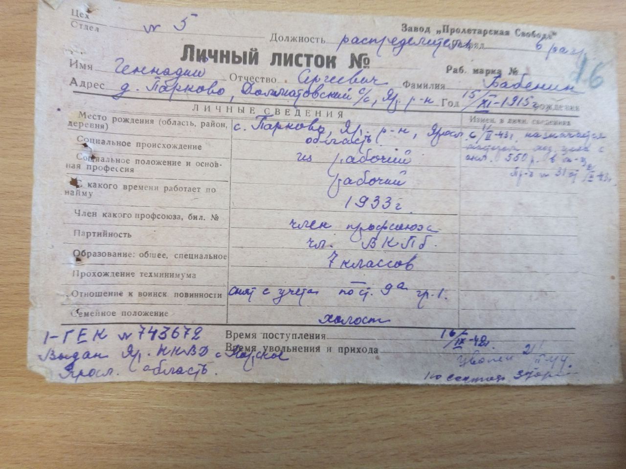 Личный листок 1942