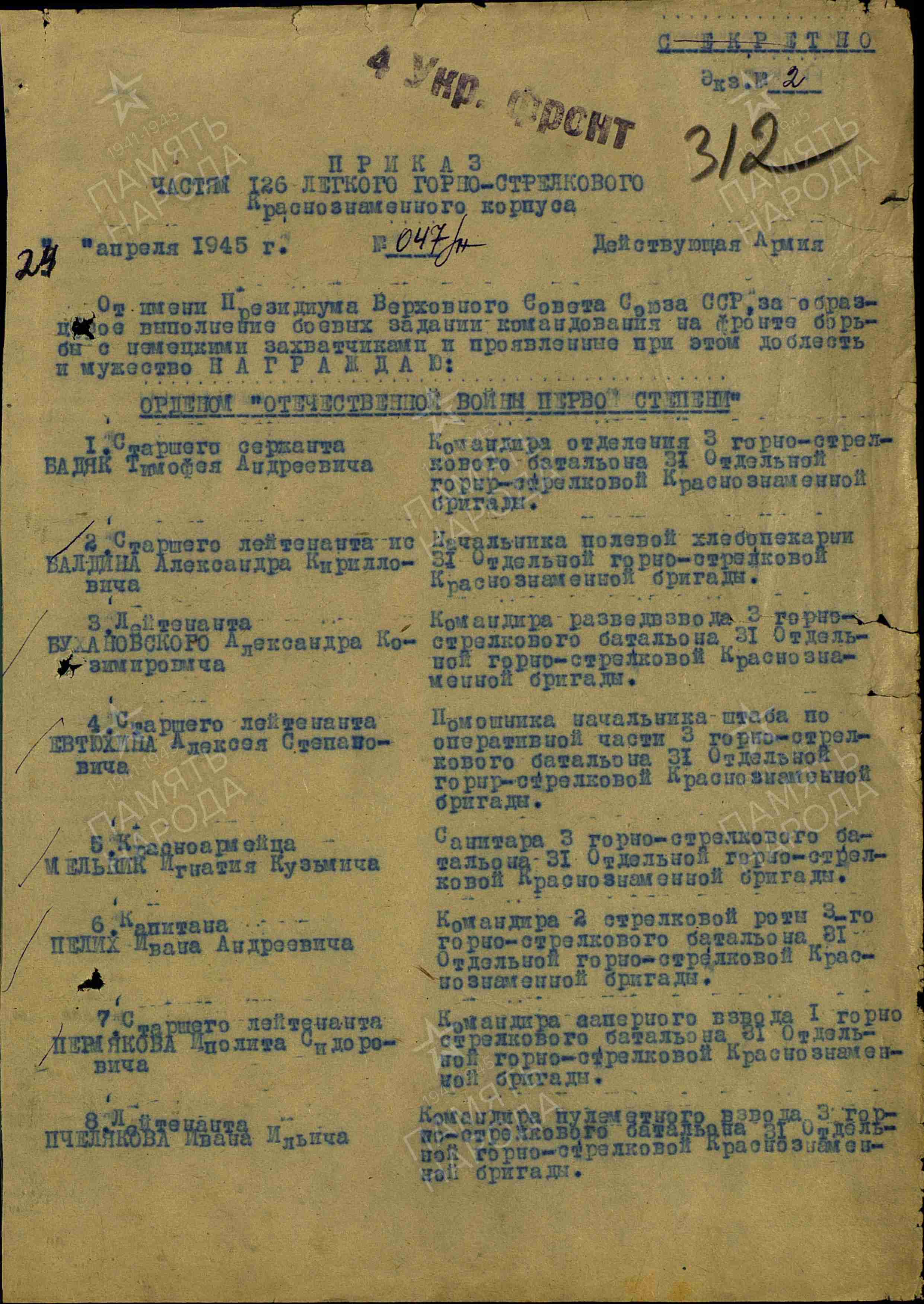 Список награжденных