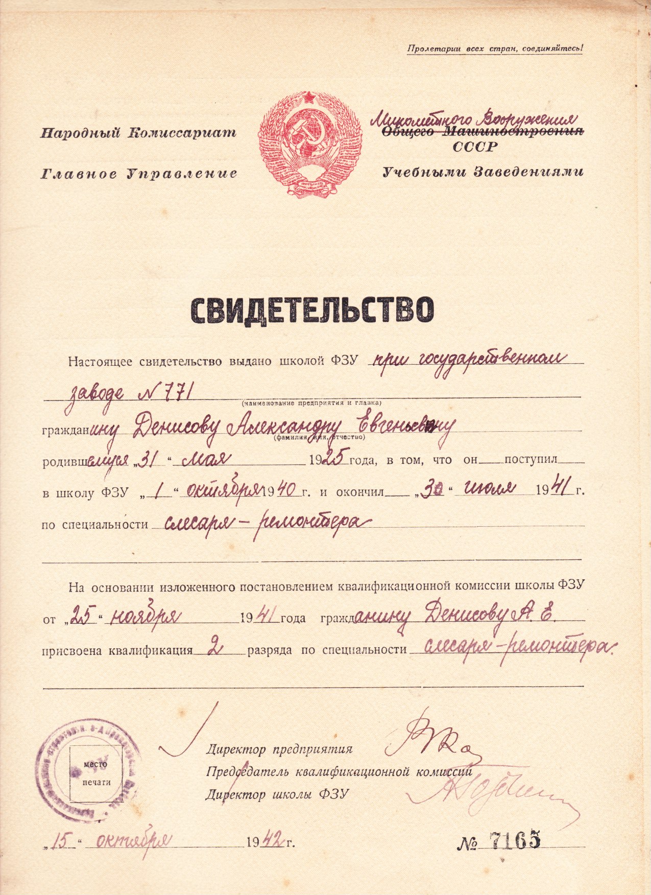 Свидетелство об окончании ФЗУ