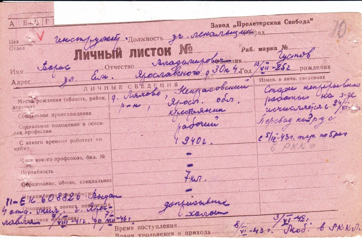Личнный листок ВОВ