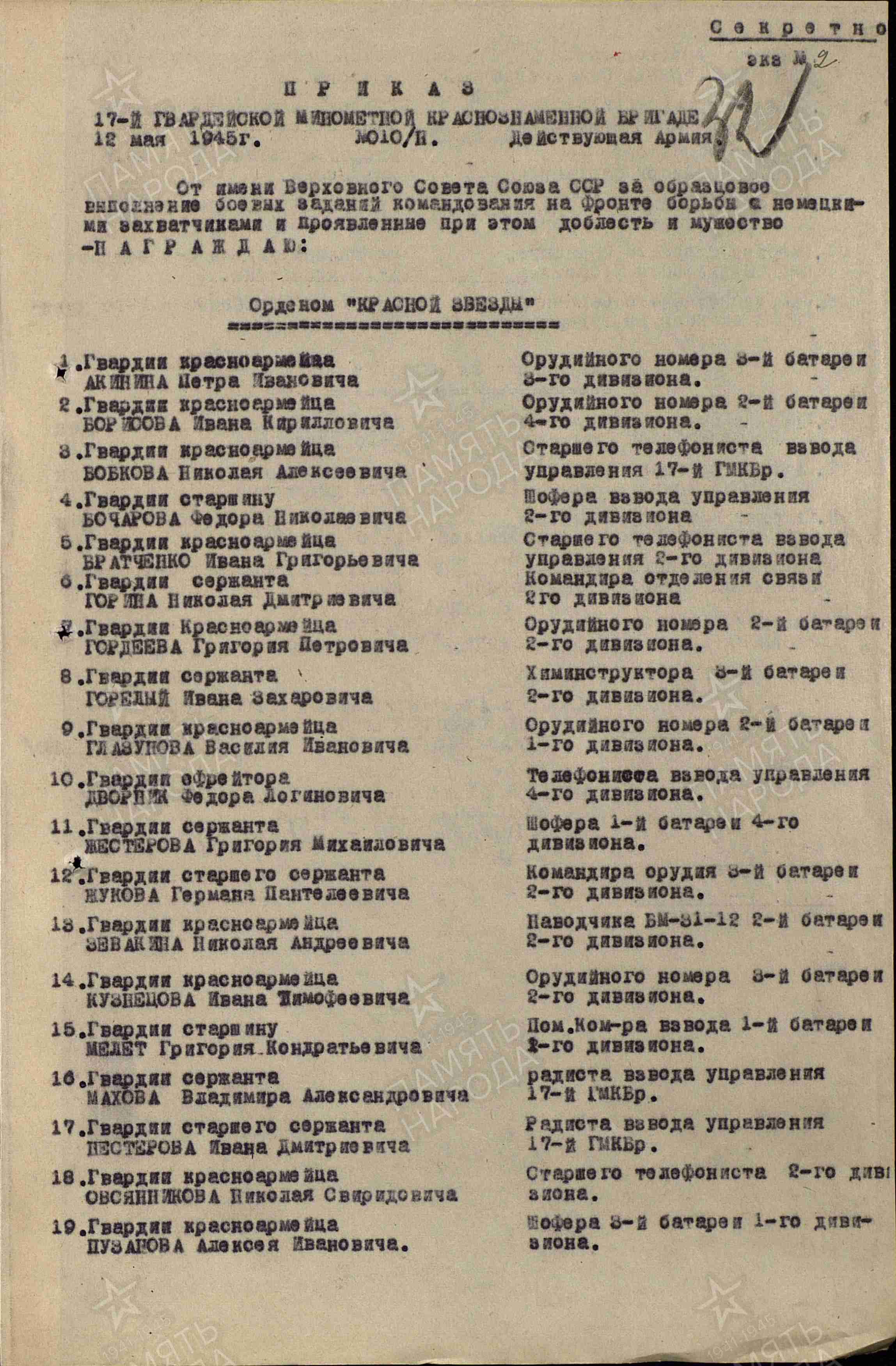 Список награжденных 1945