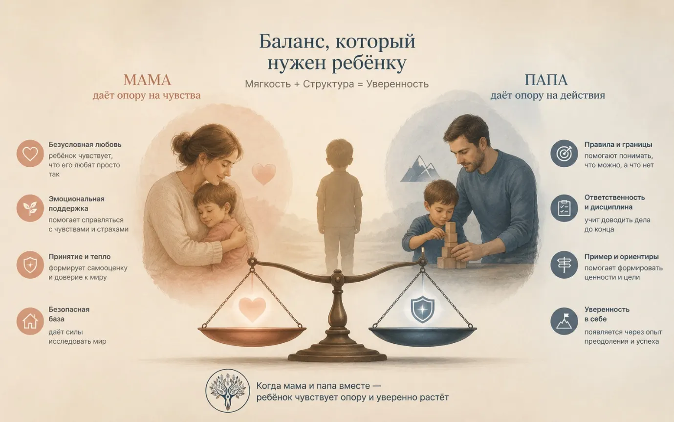 баланс мамы и папы в воспитании — мягкость и требовательность