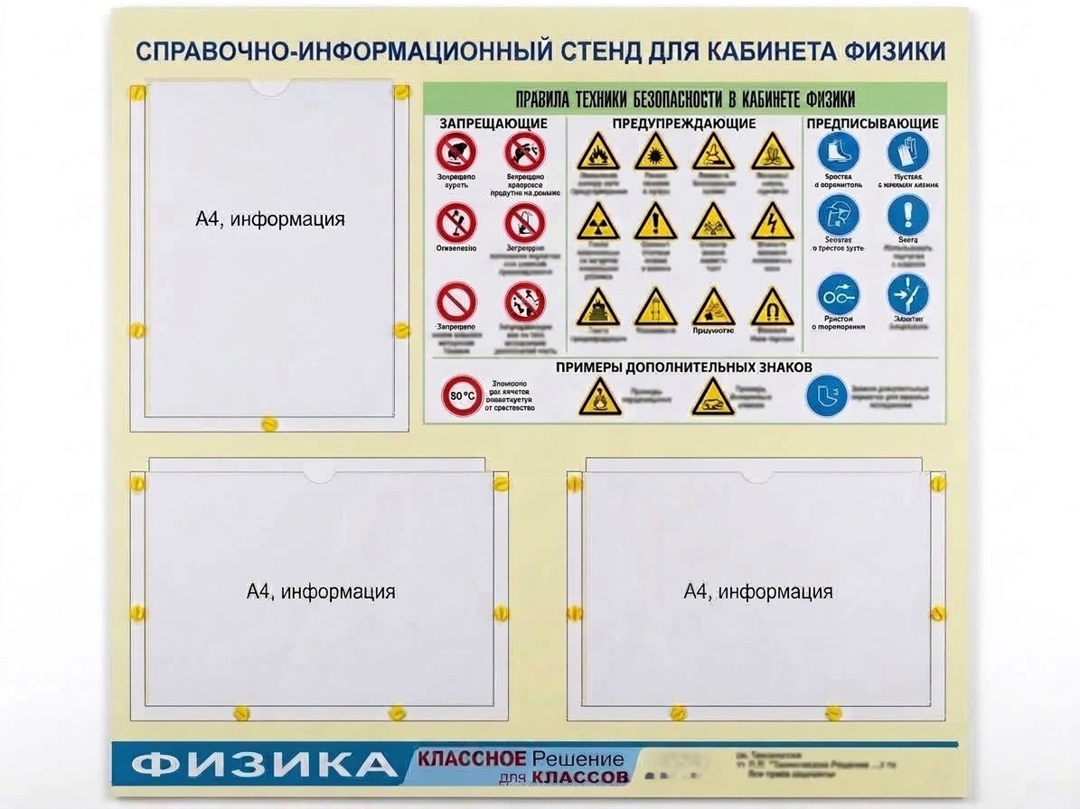 Стенд информационный "Правила техники безопасности в кабинете физики" (75х70, 3 кармана).