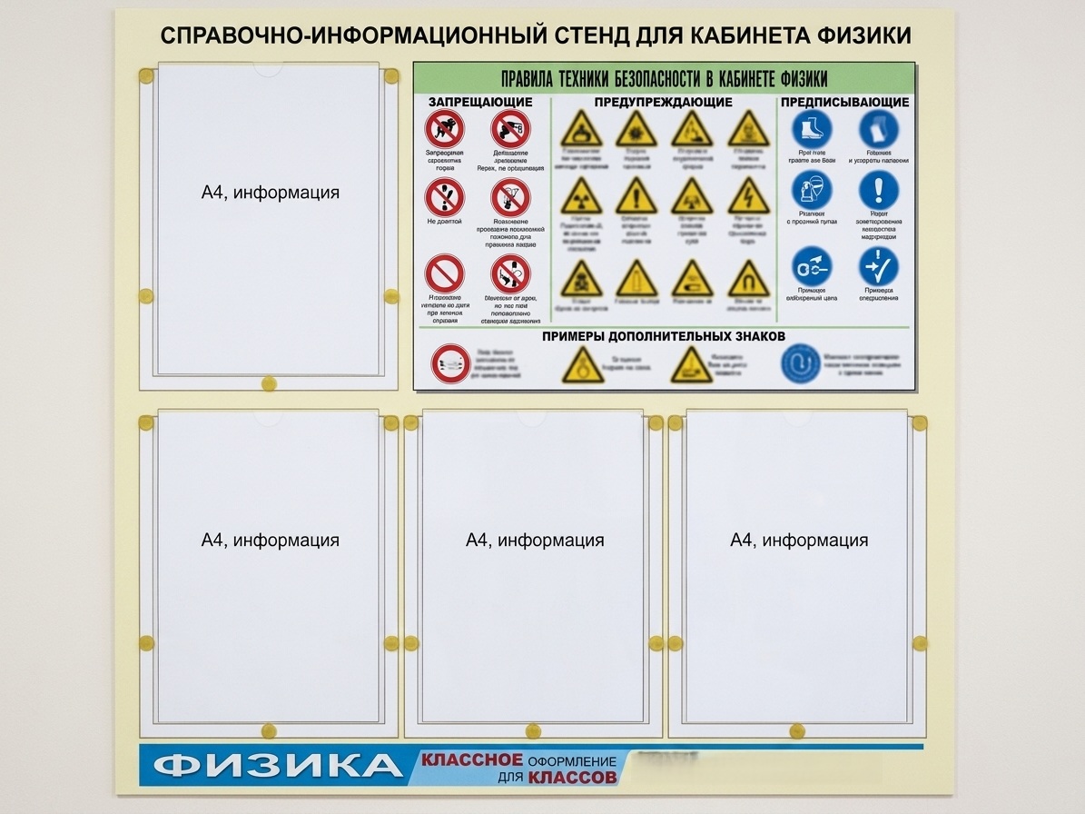 Стенд информационный "Правила техники безопасности в кабинете физики" (80х75, 4 кармана).