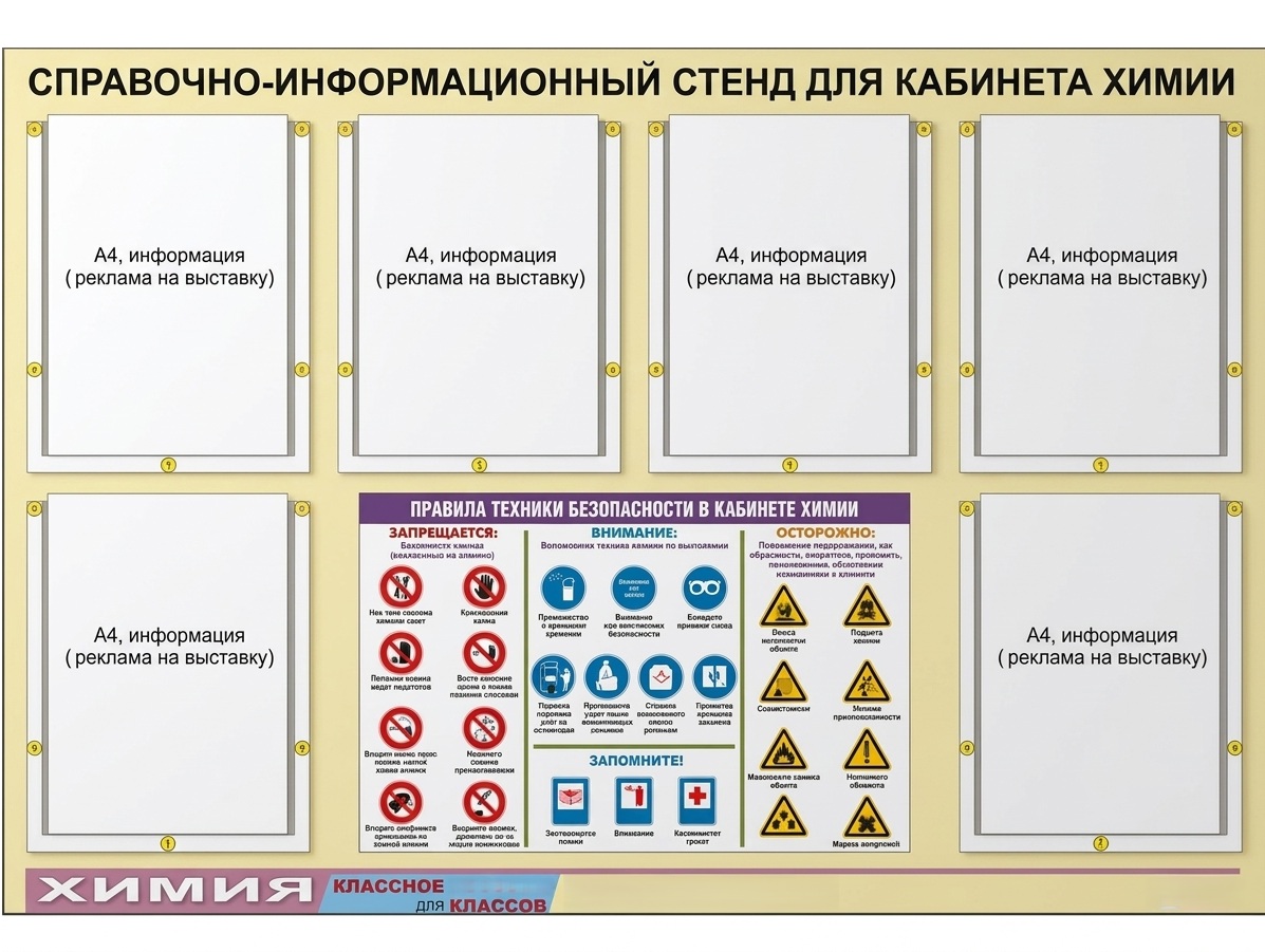 Стенд информационный «Правила техники безопасности в кабинете химии» 80х110 м. на 6-ть карманов
