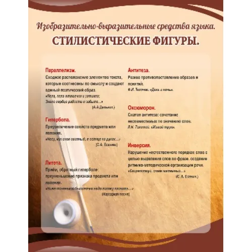 Стенд "Стилистические фигуры" (параллелизм, антитеза, гипербола, оксюморон, литота, инверсия)