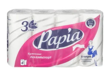 Полотенца бумажные Papia 3-слойные белые 4 рулона по 11.25 м