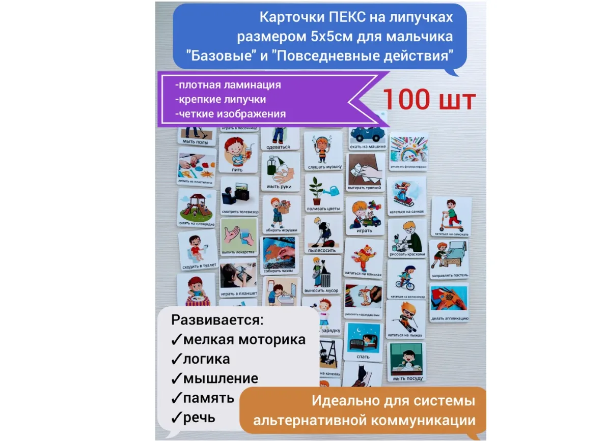 Набор карточек ПЕКС/PECS "Базовые + Повседневные действия" для мальчика 100шт.