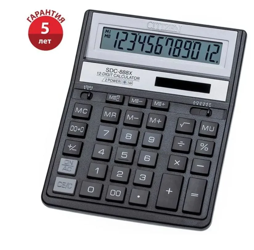 Калькулятор настольный Citizen SDC-888XBK, 12 разр., двойное питание, 158*203*31мм, черный