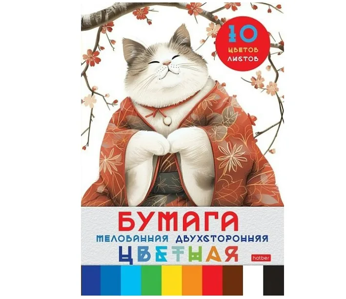 Бумага цветная А4 10 листов 10 цветов двусторонняя Мудрый котик мелованная, папка 10Бц4м