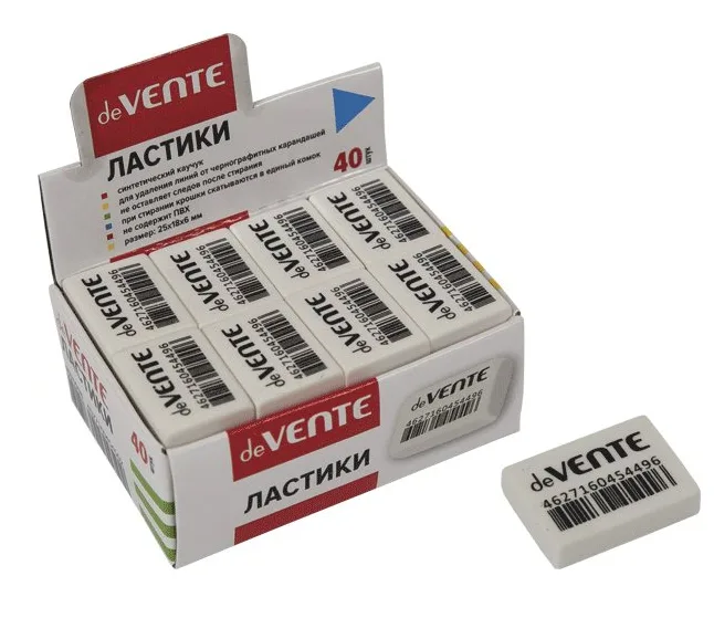 Ластик каучук 25х18х6 Box прямоугольный белый в картонном дисплее 4070908 deVente 40/1440