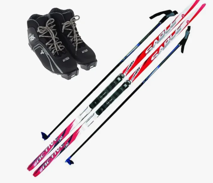 Лыжный комплект: пластиковые лыжи с насечкой, ботинки лыжные MARAX MXN-300 NNN, Лыжное крепление NNN SNOWMATIC Auto universal, Лыжные палки STS стеклопластик