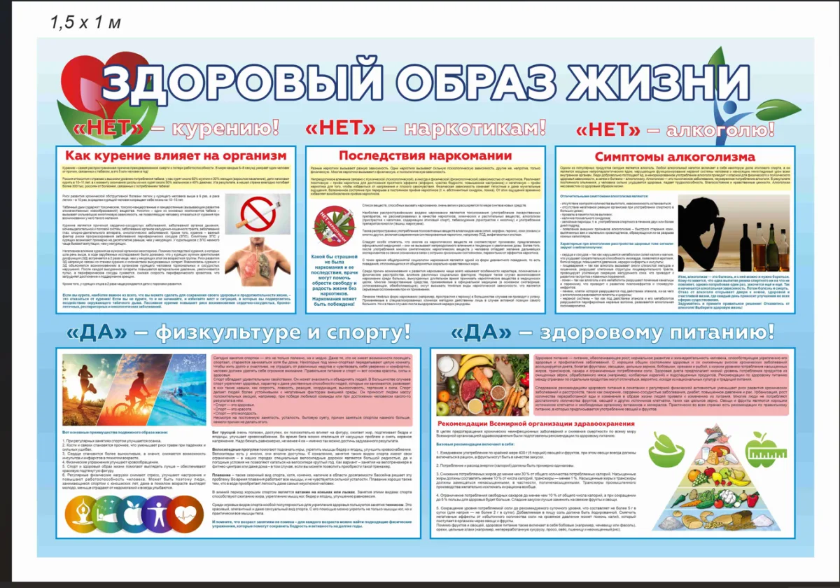 Стенд Информационный с карманами "Здоровый образ жизни" Стенд прямоугольный размер 3*1,5м