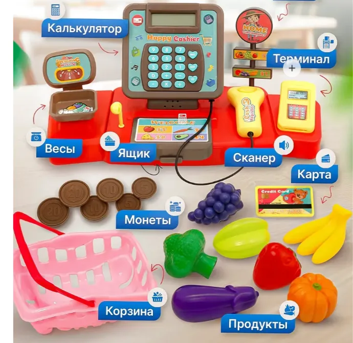 Игровая касса детская с продуктами и корзиной
