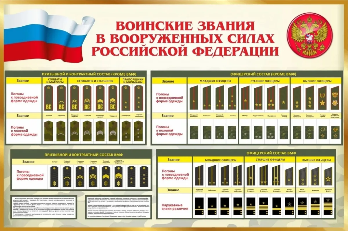 Стенд "Воинские звания в вооруженных силах Российской Федерации"