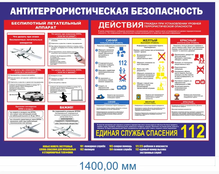 Стенд Антитеррористическая безопасность - действия при угрозе БПЛА 1400 х 1000мм,