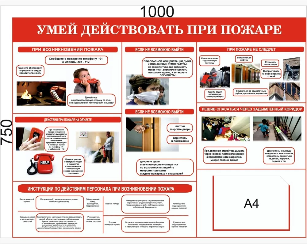 Стенд "Умей действовать при пожаре" 1000 х 750мм, ПВХ-3мм, карман А4 -1шт. (горизонтальный)