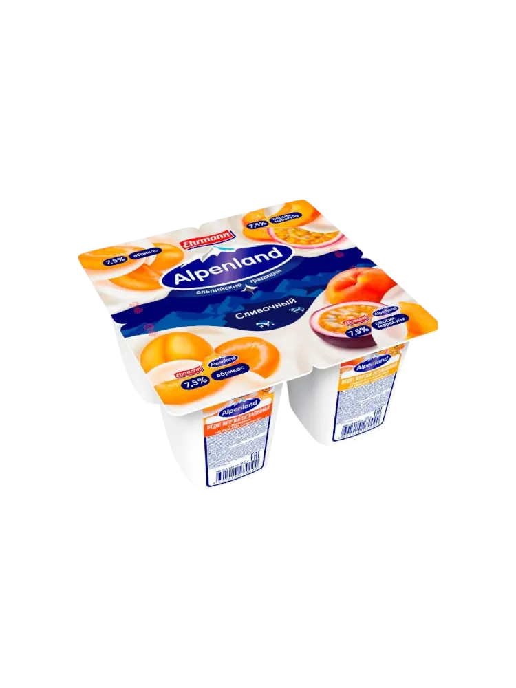 ЙОГУРТ ALPENLAND СЛИВОЧНЫЙ 95Г 7.5% ПЕРСИК/АБРИКОС/МАРАКУЙЯ