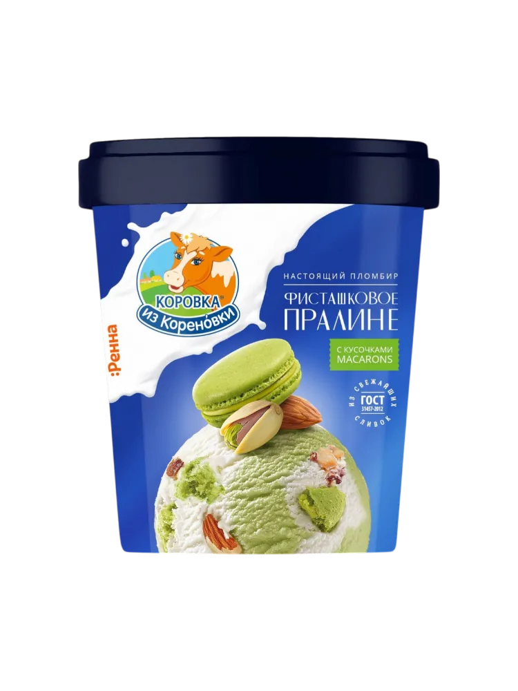 МОРОЖЕНОЕ КОРОВКА ИЗ КОРЕНОВКИ ПЛОМБИР ФИСТАШКОВОЕ ПРАЛИНЕ С КУСОЧКАМИ MACARONS 300Г ВЕДРО 