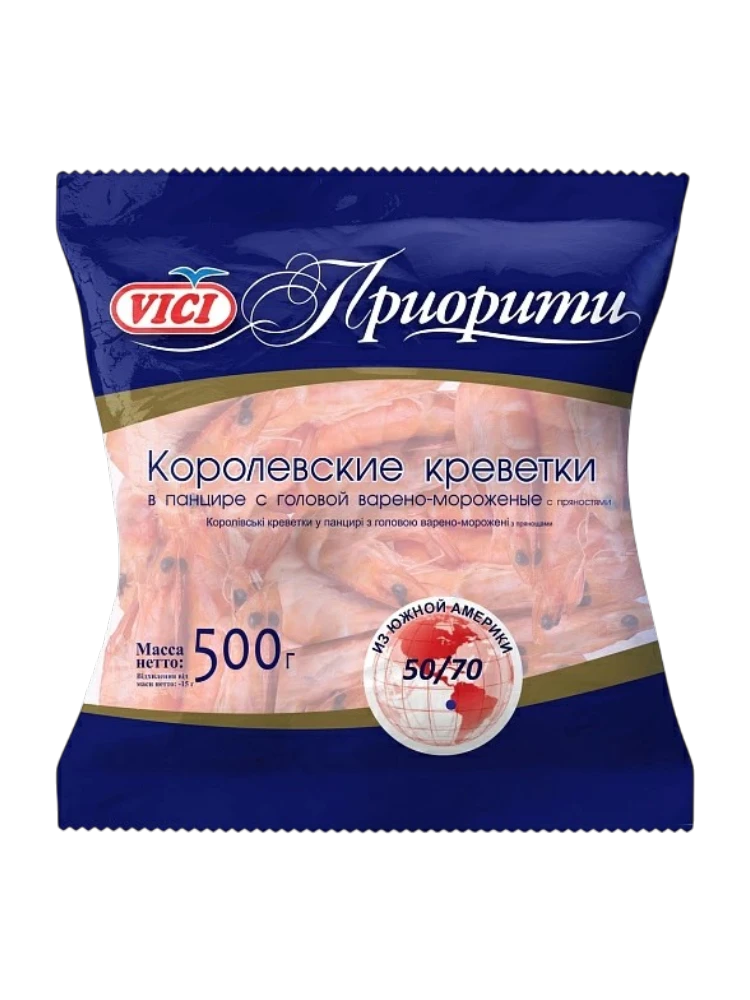 КРЕВЕТКИ VICI 500Г КОРОЛЕВСКИЕ 50/70 В ПАНЦИРЕ В/М