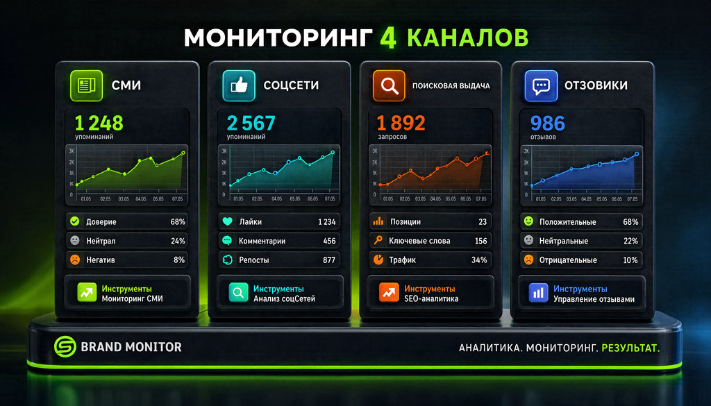 Инфографика: 4 канала мониторинга — СМИ, соцсети, поисковая выдача, отзовики с метриками и инструментами