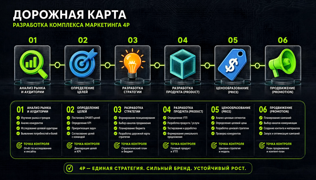 Процесс разработки комплекса маркетинга 4P в виде пошаговой дорожной карты с шестью этапами от анализа рынка до согласования элементов, ключевыми действиями и точками контроля