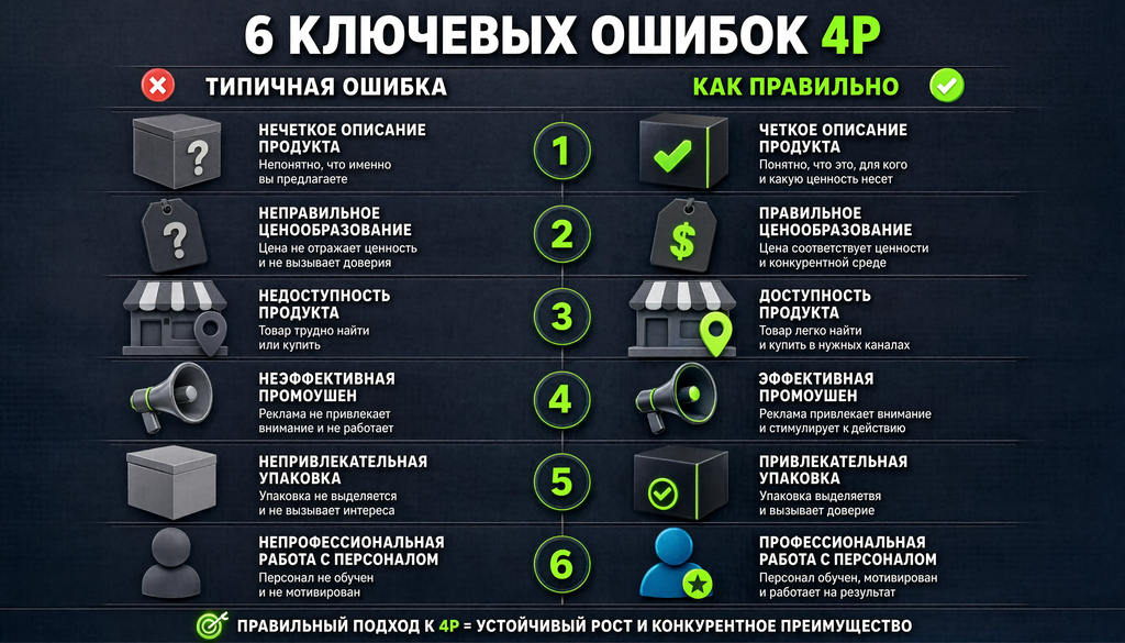 Сравнительная иллюстрация шести ключевых ошибок маркетингового комплекса 4P и правильных подходов, две колонки: типичная ошибка и как правильно