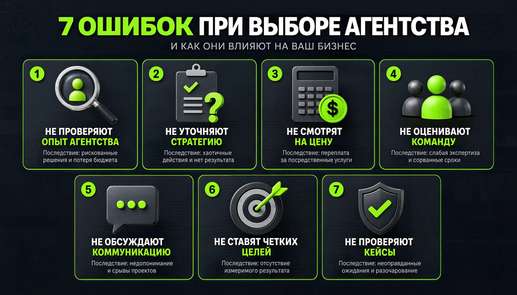 Инфографика: 7 типичных ошибок при выборе агентства с иконками и последствиями. Чек-лист для самопроверки.