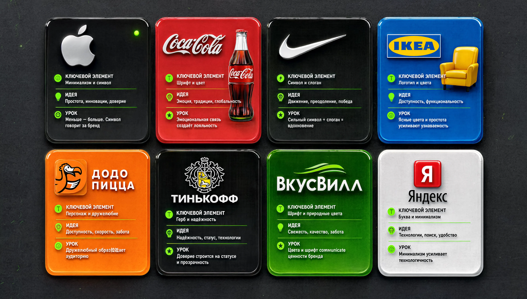 8 примеров фирменного стиля: Apple, Coca-Cola, Nike, IKEA, Додо Пицца, Тинькофф, ВкусВилл, Яндекс — ключевые элементы, идеи и уроки.